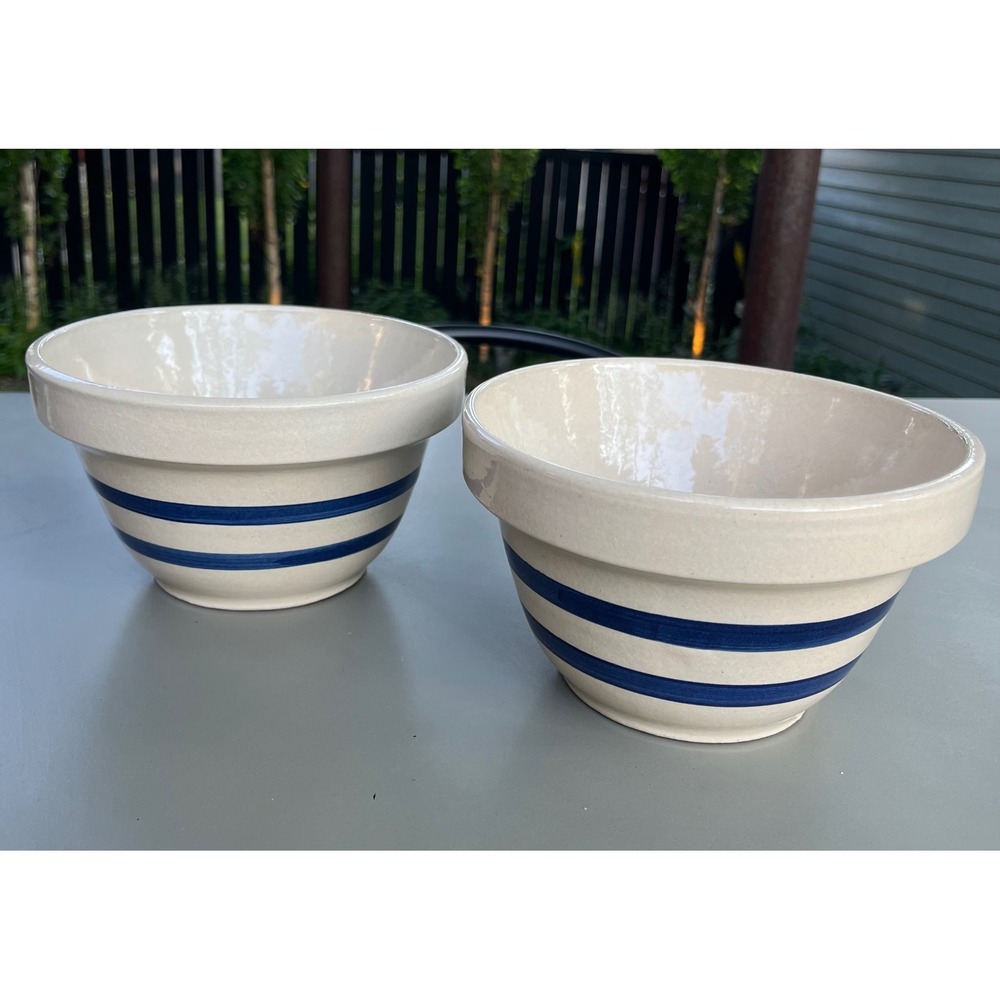 Robinson Ransbottom Blue Stripe Stoneware Mixing Bowls Set 2 Roseville OH 1.5qt